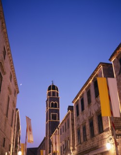 CROATIA, Dalmatia, Dubrovnik, View along the Stradun toward the Francisan Monastery tower