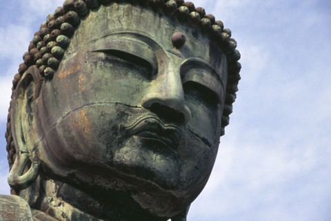 JAPAN, Honshu, Kamakura, Angled view looking up at the head of the Daibutsu aka Great Buddha statue