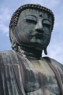 JAPAN, Honshu, Kamakura, Angled view looking up at the head of the Daibutsu aka Great Buddha statue