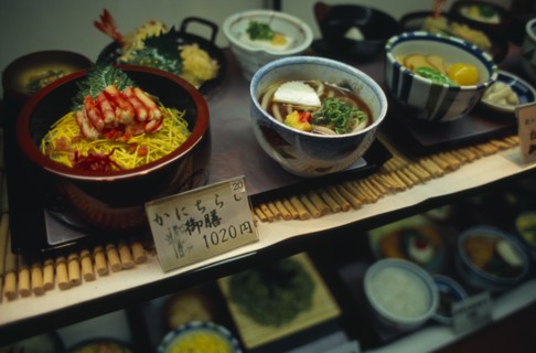 JAPAN, Honshu, Kyoto, Plastic food displayed in the window of a restaurant