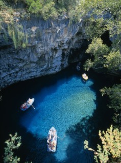 GREECE, Ionian Islands, Kefallonia, Melissani lake with tourist boats