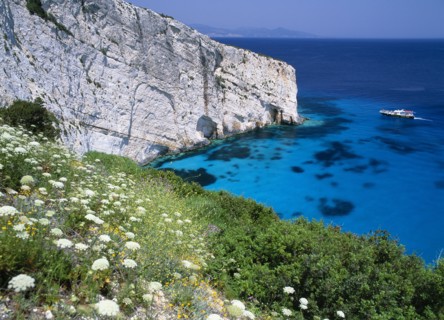 GREECE, Ionian Islands, Zakynthos, New Blue caves near the Skinari headland with tourist boat