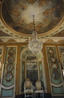 PORTUGAL, Near Lisbon, Palacio Nacional de Queluz interior. Sala dos Exbaixadores with throne