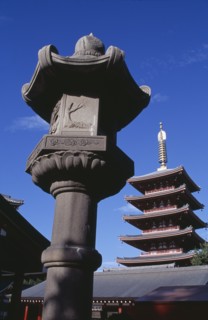 JAPAN, Honshu, Tokyo, Asakusa. Senso Ji Temple. Angled view of the Five Storey Pagoda with