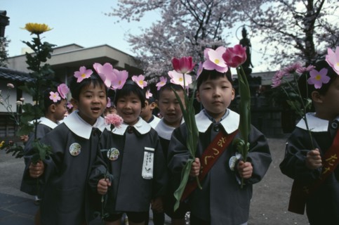 JAPAN, Honshu, Tokyo, Asakusa.  Nursery school children dressed for Hana Matsuri flower festival