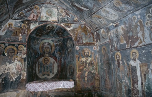 GREECE, Peloponnese, Mani Peninsula, Stoupa. Interior of church with Frescoes.