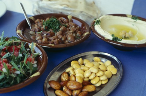 LEBANON, Food and Drink, Mezze and table setting in seaside restaurant.