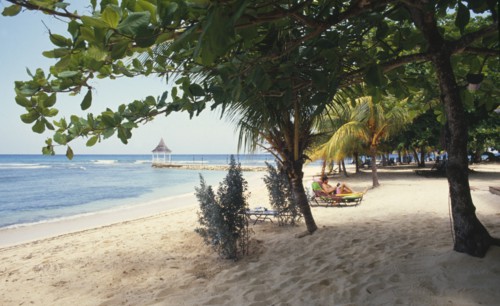 JAMAICA, Montego Bay, Beach and trees at the Half Moon Hotel