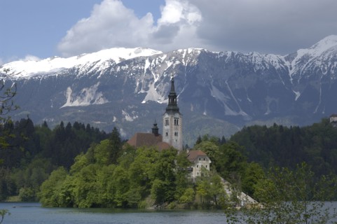 SLOVENIA, Lake Bled, View over the lake toward Bled Island and the Church of the Assumption with