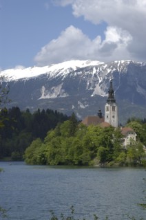 SLOVENIA, Lake Bled, View over the lake toward Bled Island and the Church of the Assumption with
