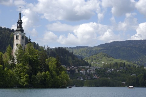 SLOVENIA, Lake Bled, Bled Island and tower of the Church of the Assumption