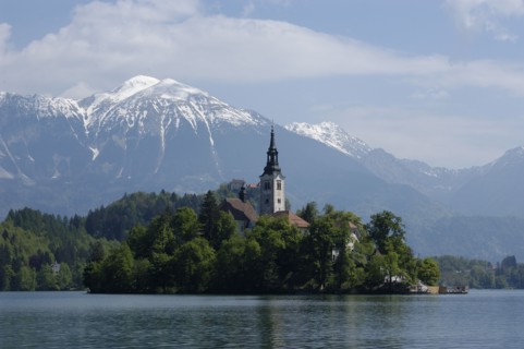 SLOVENIA, Lake Bled, View over the lake toward Bled Island and tower of the Church of the