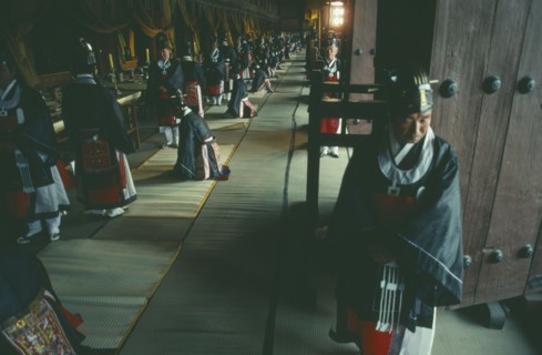 SOUTH KOREA, Seoul, Chong Myo temple with men takingpart in Confucian rites ceremony