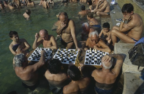HUNGARY, Budapest, Szechenyi Furdo.  Chess players in thermal baths of spa.
