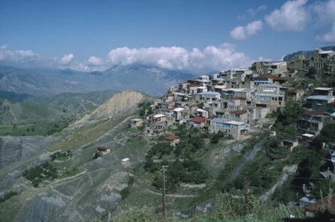 RUSSIA, Dagestan, Chok, Former caravanserai or merchants inns on hillside.