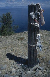 RUSSIA, Siberia, Lake Baikal, Buryat shaman tethering post or serge representing the tree of life.