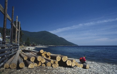 RUSSIA, Siberia, Lake Baikal, Person sitting on length of cut timber on lake shore.