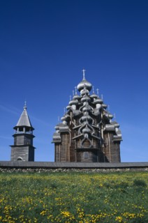 RUSSIA, Karelia, Lake Onega, Khizi Island.  Seventeenth Century church built without using a single