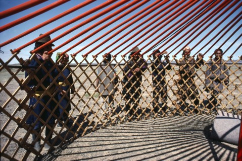 MONGOLIA, Tribal People, Communal erection of yurt for newly married couple as part of traditional