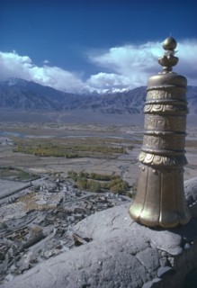 INDIA, Ladakh, Thikse, View across fertile valley from the Gompa roof
