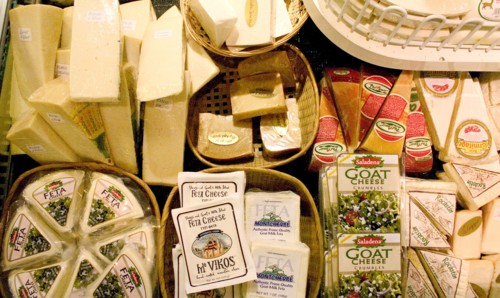 USA, Minnesota, St Paul, A selection of goat and feta cheese displayed at the Mississippi Market a