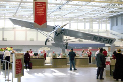 USA, Minnesota, Minneapolis, View of the overhead Spirit of St Louis Airplane at the Minneapolis-St