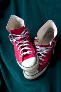 USA, Minnesota, St Paul, Red Converse Chuck Taylor All Star high top trainers