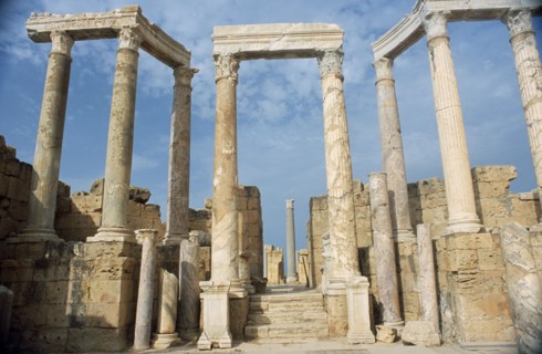 LIBYA, Tripolitania, Leptis Magna, Ruins of Roman city founded in 6th Century BC.The theatre