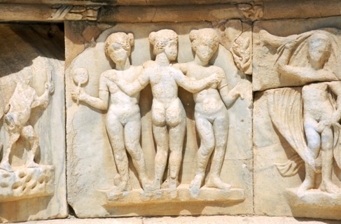 LIBYA, Tripolitania, Sabratha, Bas relief carvings of mythological figures on white marble pulpitum