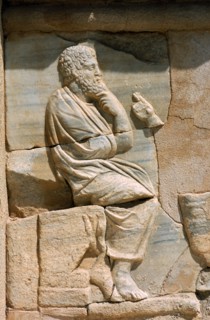 LIBYA, Tripolitania, Sabratha, Bas relief carving of mythological figure on white marble pulpitum