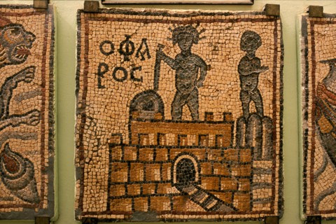 LIBYA, Cyrenaica, Qasr Libya, Detail of Byzantine mosaic in museum at site of fort and church