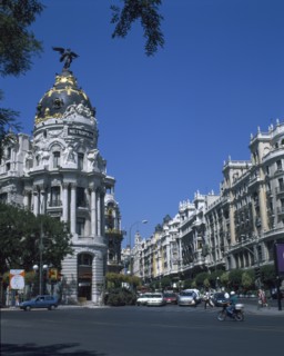 SPAIN, Madrid State, Madrid, Alcala Grand Via Junction. View over road and traffic towards the