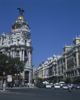 SPAIN, Madrid State, Madrid, Alcala Grand Via Junction. View over road and traffic towards the