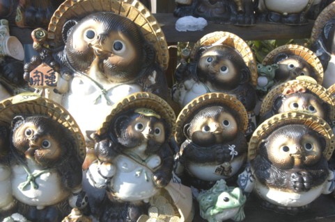 JAPAN, Honshu, Ibaragi, "Mashikoi. Ceramic tanuki or racoon dog, traditional welcoming symbol