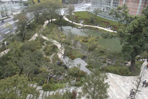 JAPAN, Honshu, Tokyo, Roppongi. Aerial view over traditional Japanese garden beside Asahi