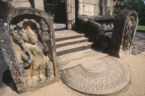 SRI LANKA, Polonnaruwa, The Hatadage circular relic house. Detail of a guardstone which flanks one
