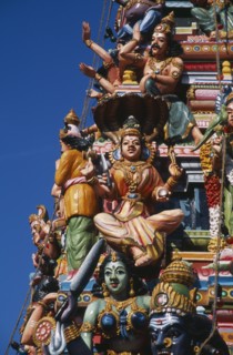 SRI LANKA, Colombo, Ganesh Kovil. Close up deatil of colourful Hindu Temple carvings