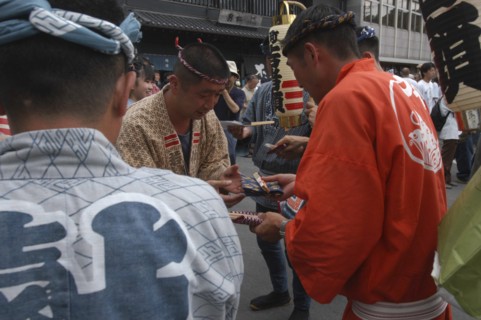 JAPAN, Chiba, Narita, "Gion Matsuri. Men in Edo-era costume, each specific to their neighborhood,