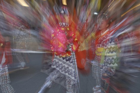 JAPAN, Chiba, Narita , "8-12 year old girls called ""tekomae"" in traditional Edo-era costumes,