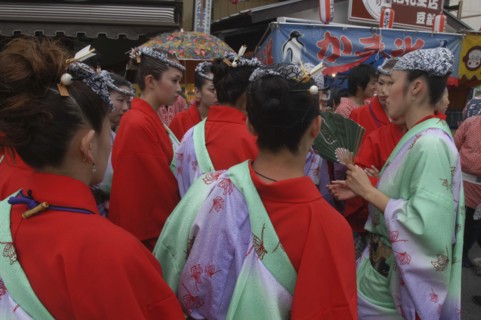 JAPAN, Chiba, Narita, Women aged 20-30 years old in traditional Edo-era costumes get instructions