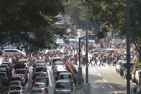 JAPAN, Honshu, Tokyo, "Harajuku. View looking up Omote-sando avenue to the intersection with