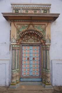 INDIA, Uttar Pradesh, Varanasi , Ghai Ghat. A decorated doorway