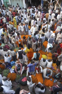 INDIA, Uttar Pradesh, Varanasi, View looking down on busy flower market with a majority of male
