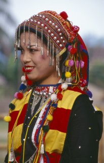 MYANMAR, Kachin State, Manhkring, Portrait of a Lisu woman in traditional attire of the Myitkyina