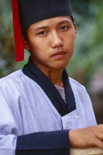 MYANMAR, Kachin State, Manhkring, Portrait of a Lisu man with Mahkhong marks on his neck in