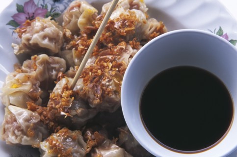 THAILAND, General, Thai style steamed pork filled dumplings called Khanom jiip with a bowl of