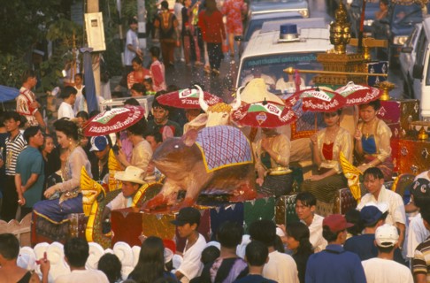 THAILAND, Chiang Mai, Songkran aka Thai New Year festival parade to Wat Phra Singh with floats