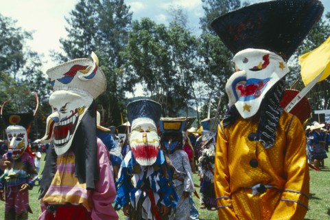 THAILAND, Loei Province, Dan Sai, Phi Ta Khon or Spirit Festival. Group of spirits in costumes and