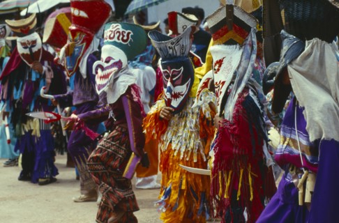 THAILAND, Loei Province, Dan Sai, Phi Ta Khon or Spirit Festival. Group of spirits in costumes and