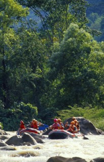 THAILAND, Chiang Mai Province, Western tourists and Thai guides white water river rafting on the